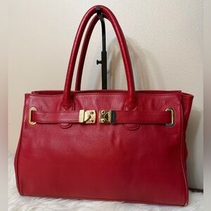 Onna Ehrlich Women's Red Genuine Leather Gold Buckle Maya Tote Bag